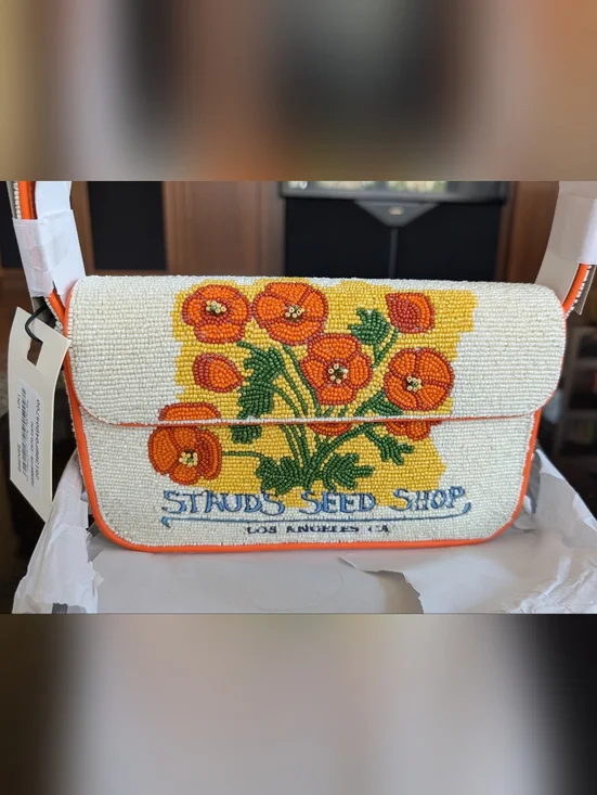 NWT STAUD TOMMY Glass Beaded Vegan Shoulder Bag - CALIFORNIA POPPY; $295 - Picture 8 of 16